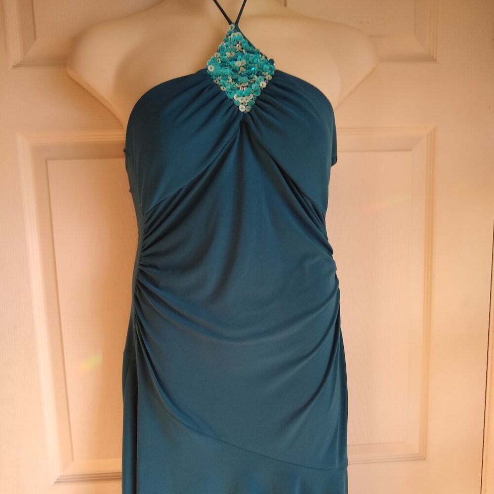 studio y vintage halter teal midi dress with sequence